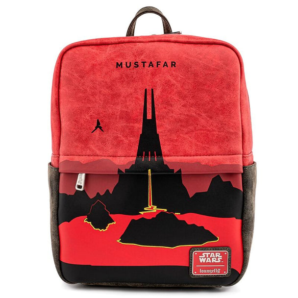 Sac à dos Loungefly Star Wars Mustafar vu de face avec détails de la planète volcanique