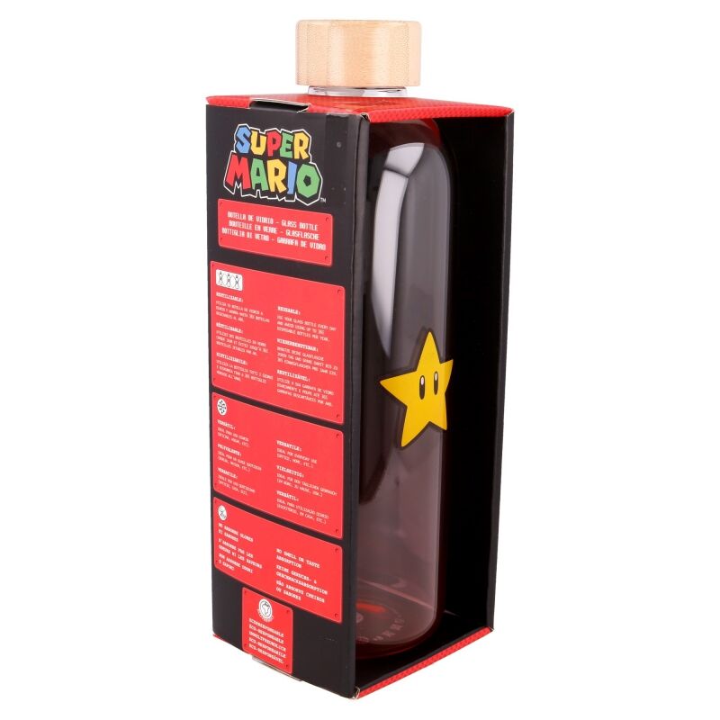 Bouteille en verre Nintendo Super Mario Bros posée sur une table en bois clair