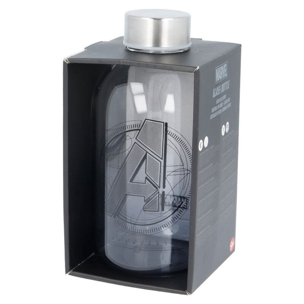 Bouteille en verre Marvel Avengers 620ml avec logo coloré sur fond blanc, présentation de face