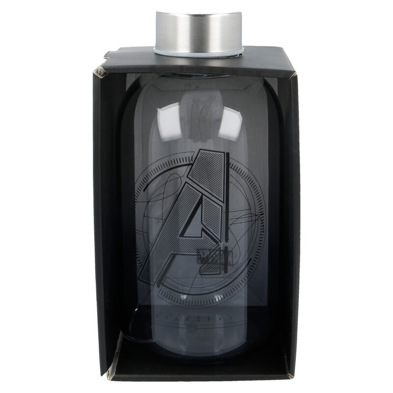 Vue latérale de la bouteille Marvel Avengers en verre transparent montrant le design détaillé des personnages