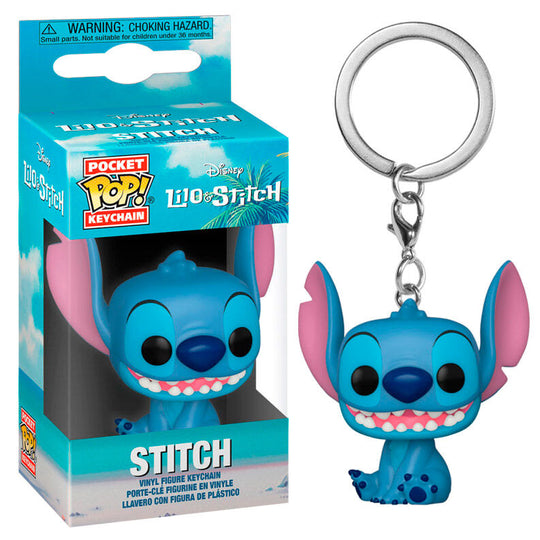Porte-clés Funko Pocket POP représentant Stitch de Disney Lilo & Stitch sur fond blanc.
