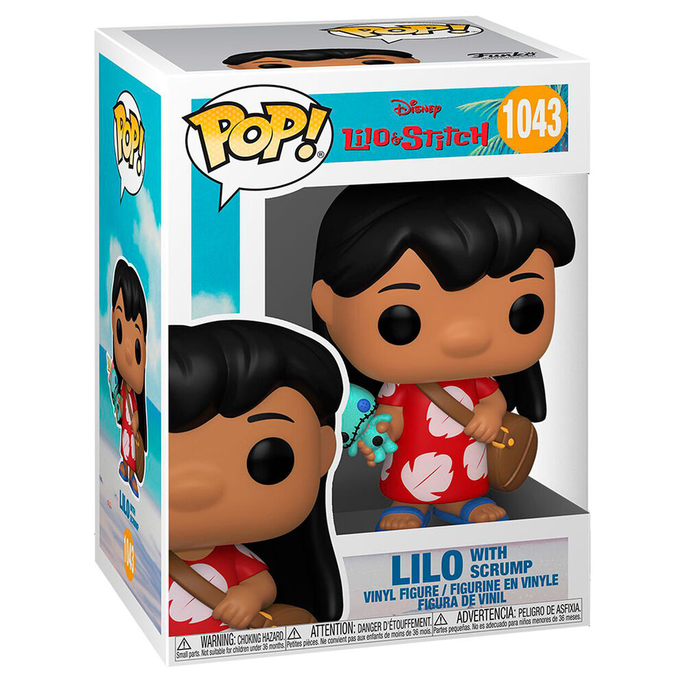 Vue latérale de la boîte Funko POP Lilo and Stitch avec la figurine Lilo et Scrump visible à travers la fenêtre
