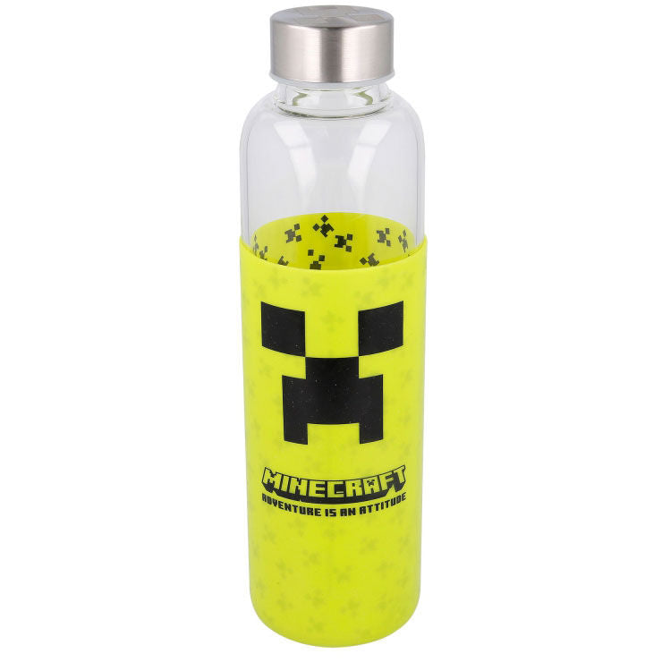 Bouteille en verre de 585ml avec étui en silicone décoré des personnages Minecraft, vue de face