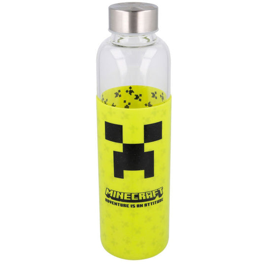 Bouteille en verre de 585ml avec étui en silicone décoré des personnages Minecraft, vue de face