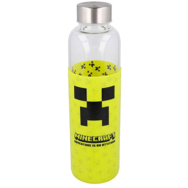 Bouteille en verre de 585ml avec étui en silicone décoré des personnages Minecraft, vue de face