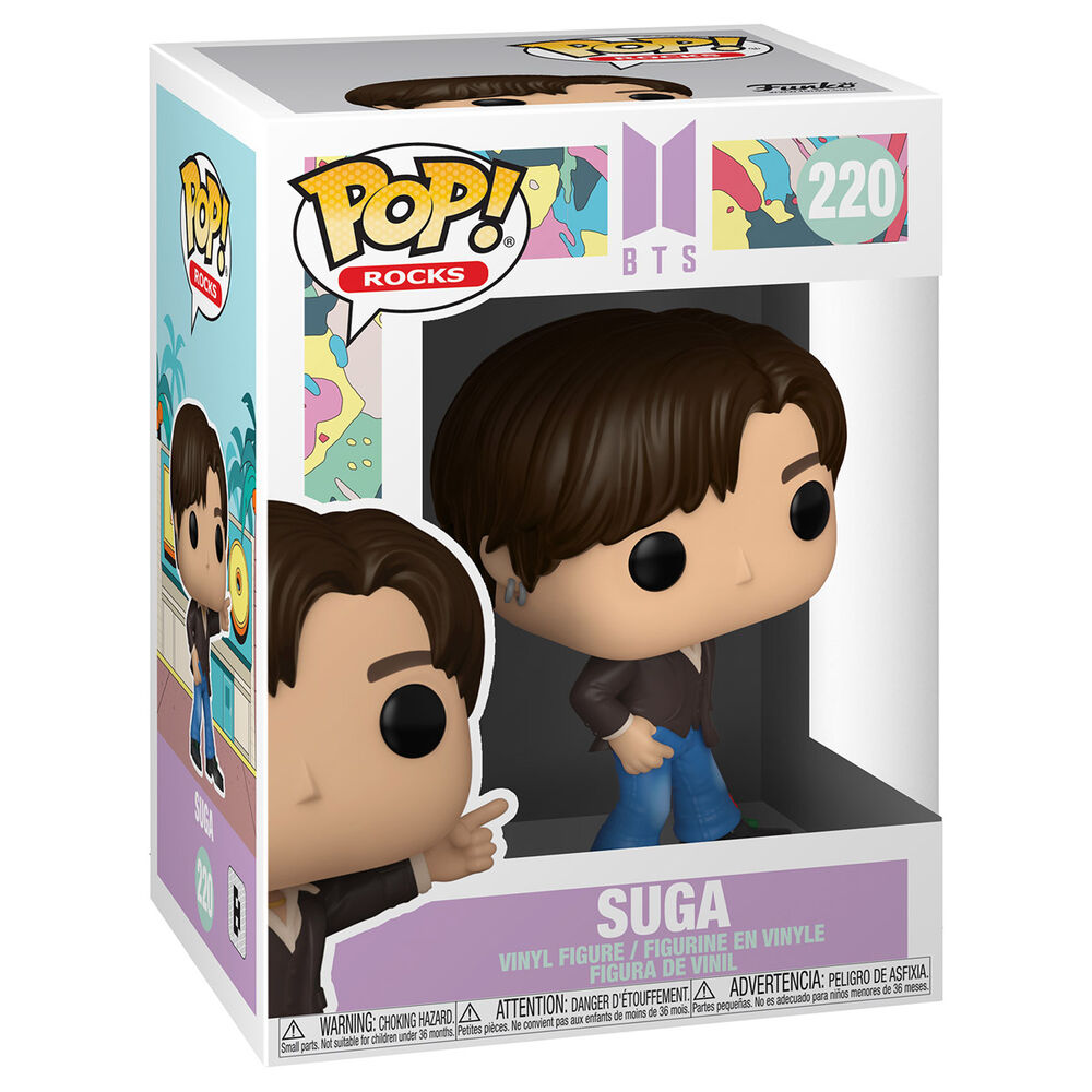 Packaging officiel Funko POP avec figurine BTS Suga Dynamite visible à travers la fenêtre