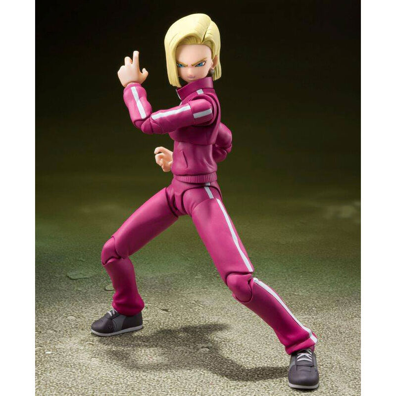 Figurine articulée Androide 18 de Dragon Ball Super en pose dynamique, vue de face