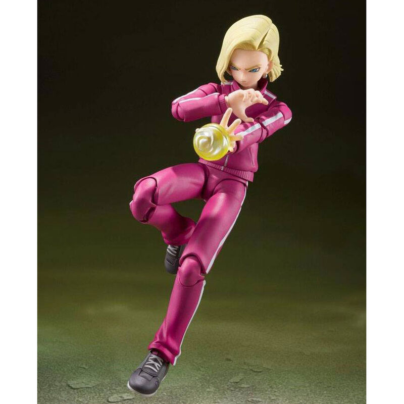 Androide 18 Dragon Ball Super posée avec accessoires inclus sur fond neutre