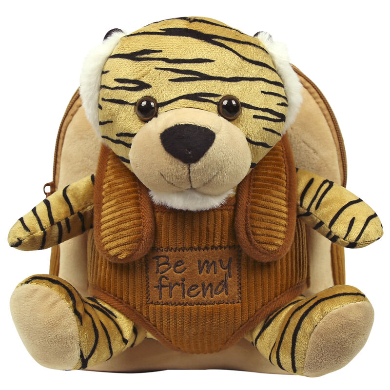 Sac à dos Tiger Joe de PERLETTI avec peluche tigre attachée, dimensions 26x21x8 cm, vue de face