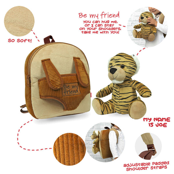 Détail du sac à dos Tiger Joe avec peluche intégrée, montrant la texture et les sangles ajustables