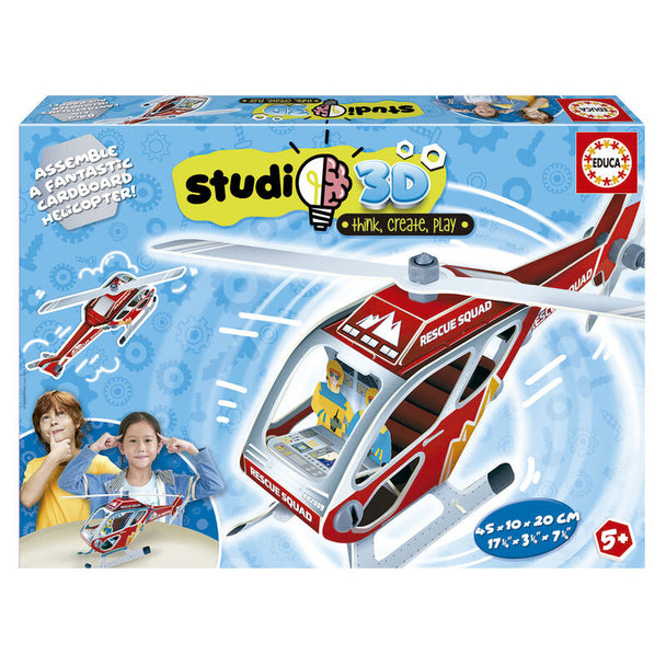 Vue rapprochée des 14 pièces en carton coloré du kit hélicoptère 3D EDUCA BORRAS prêtes à être assemblées