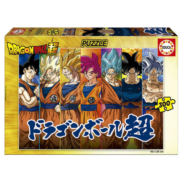 Puzzle Dragon Ball Super de 300 pièces EDUCA BORRAS avec image colorée de personnages emblématiques, dimensions 40x28cm.