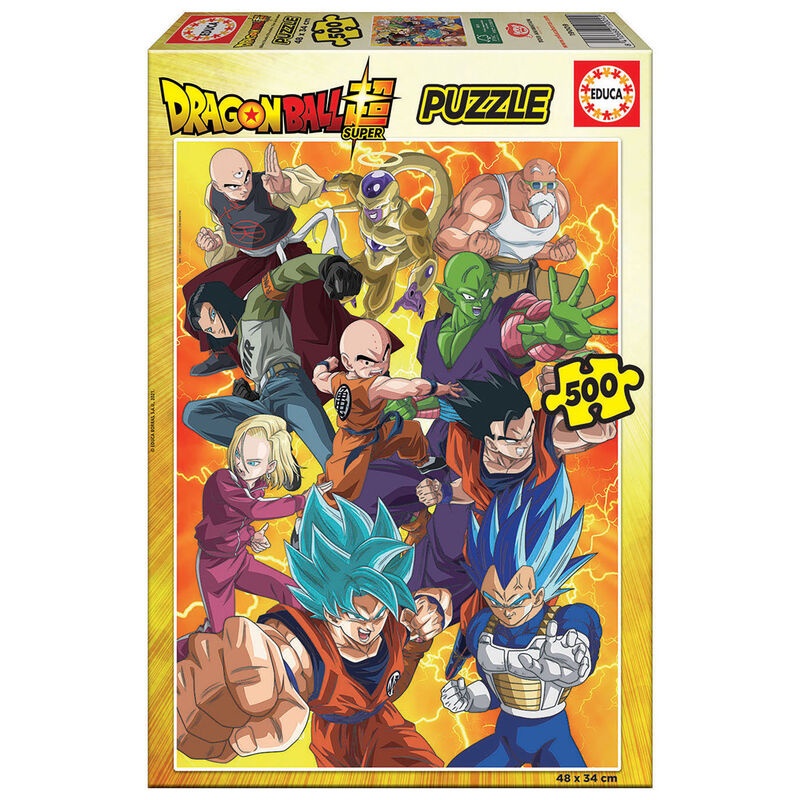 Image du puzzle Dragon Ball Super de 500 pièces par EDUCA BORRAS, dimensions 48x34 cm, avec illustration colorée de la série animée.