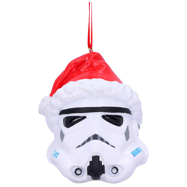 Ornement de Noël Stormtrooper avec bonnet rouge du Père Noël suspendu sur un sapin vert
