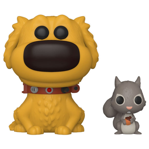 Vue rapprochée de la figurine Dug avec son écureuil, détaillant les expressions faciales et les couleurs vives