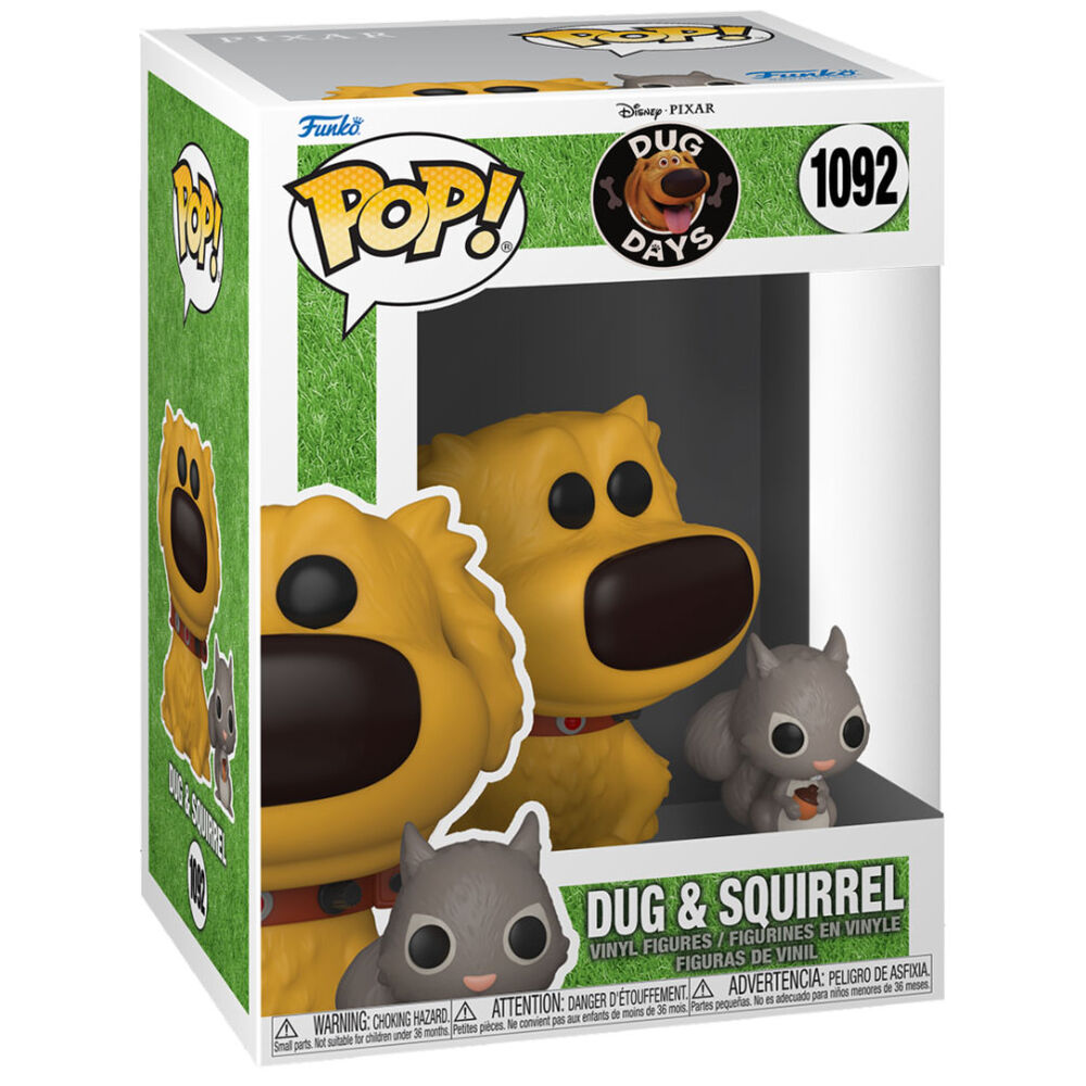 Photo de la boîte originale de la figurine Funko POP Dug Days avec Dug et l'écureuil visible à travers la fenêtre