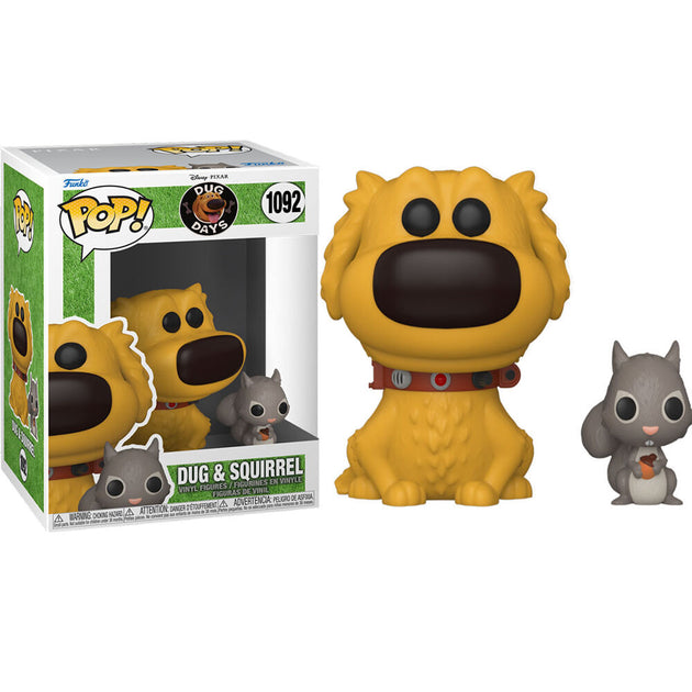 Figurine Funko POP de Dug des Dug Days tenant un écureuil sur fond blanc