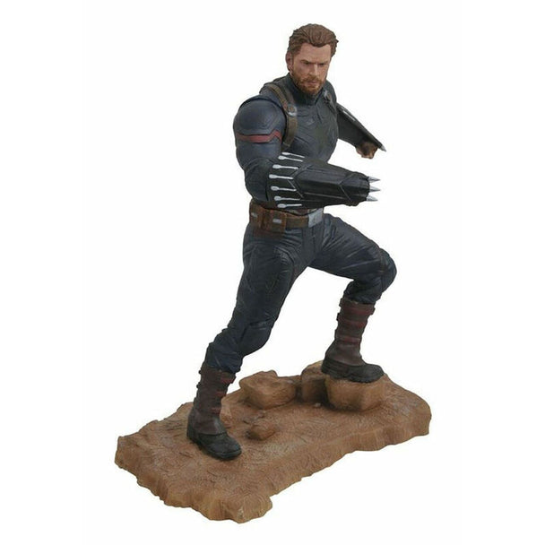 Statue Captain America Avengers 3 de 23cm en PVC avec boucliers Wakandans sur socle personnalisé vue de face