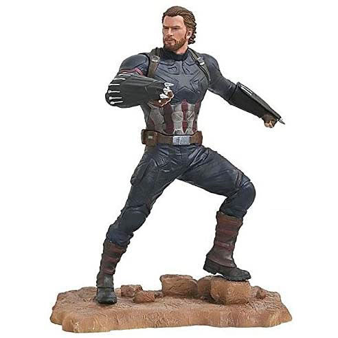 Vue latérale de la statue Captain America Avengers 3 mettant en valeur la posture dynamique et les détails du costume