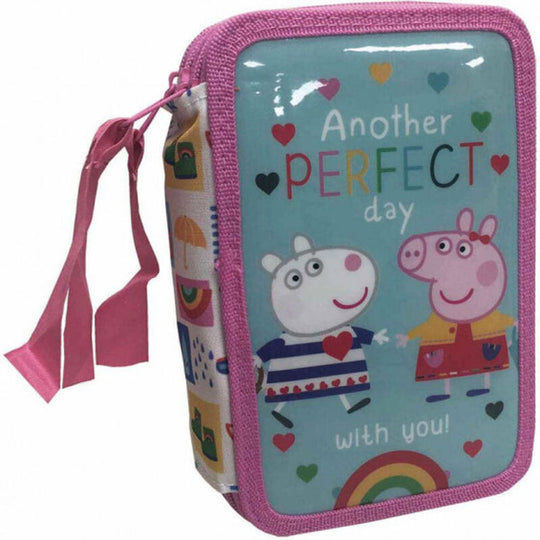 Trousse Peppa Pig triple compartiments ouverte avec crayons de couleur et feutres bien rangés