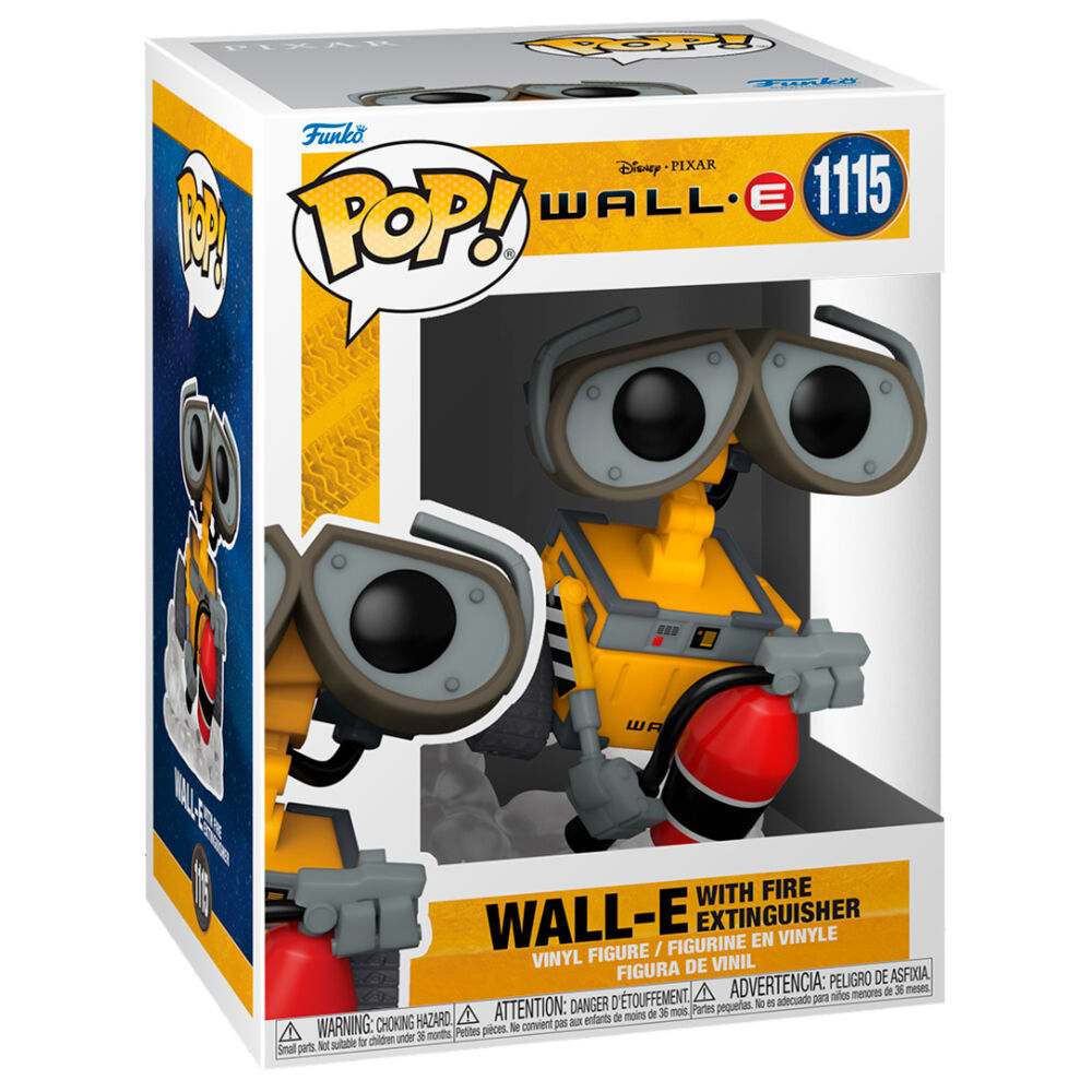 Vue latérale de la figurine vinyle Wall-E Funko POP avec son extincteur dans sa boîte collector