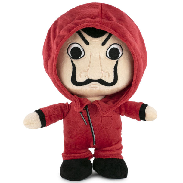 Vue rapprochée de la peluche Money Heist montrant les détails précis du visage et des vêtements.