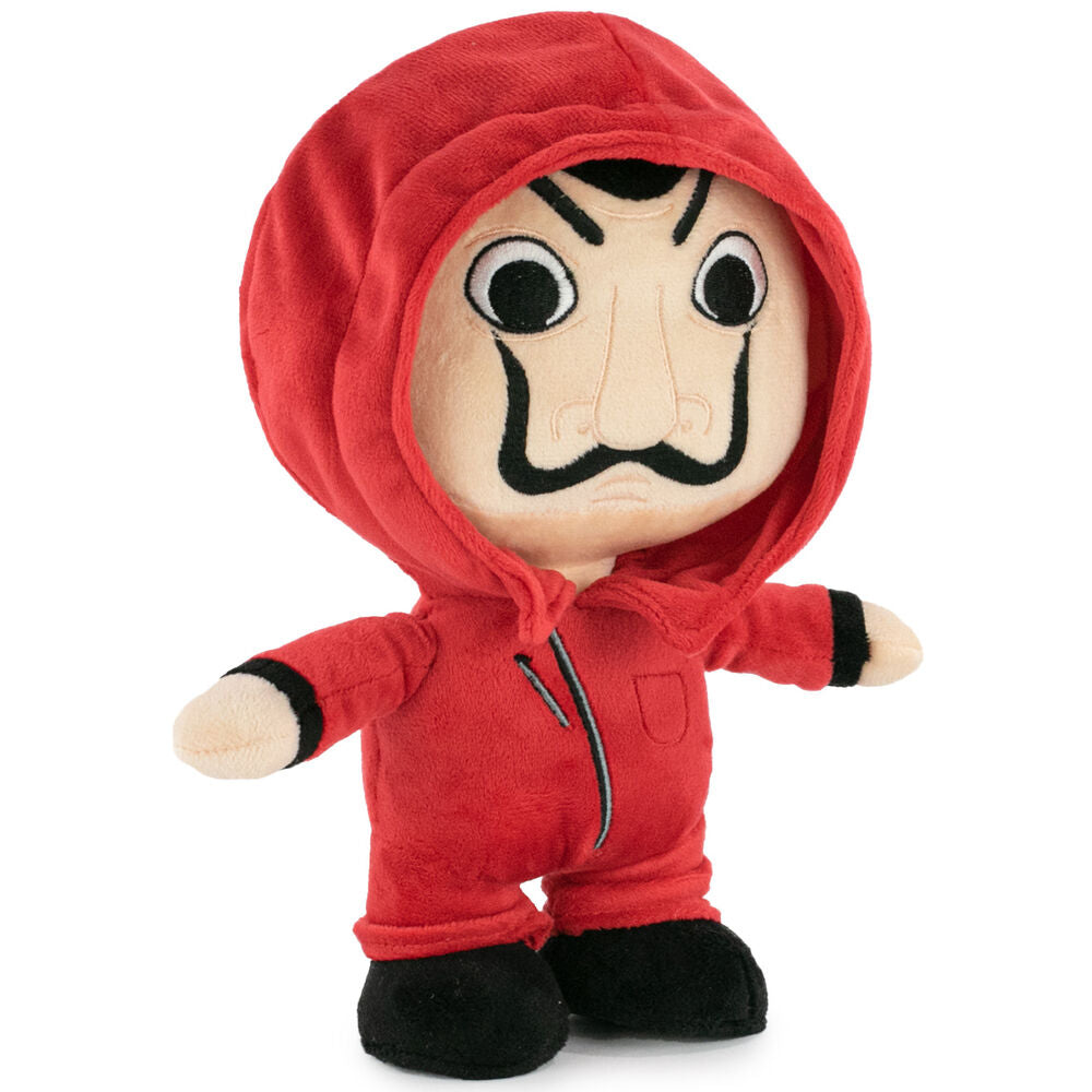 Peluche LA CASA DE PAPEL posée sur un fond neutre mettant en valeur ses couleurs vives et sa texture douce.