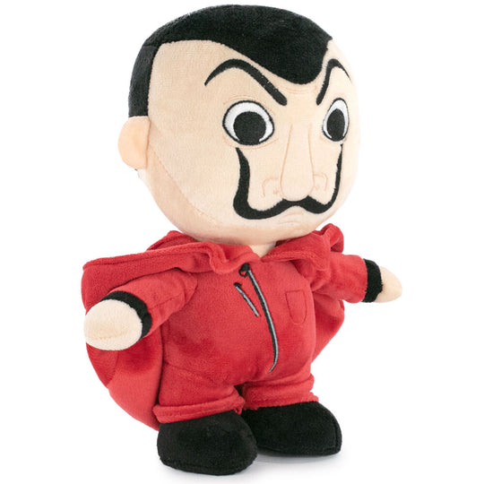 Image de la peluche Money Heist de profil, soulignant sa taille compacte et son design soigné.