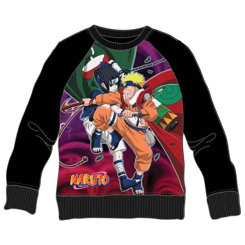 Sweat enfant PIERROT avec illustration colorée de Naruto et Sasuke en plein combat, tissu coton doux et polyester sur le devant.