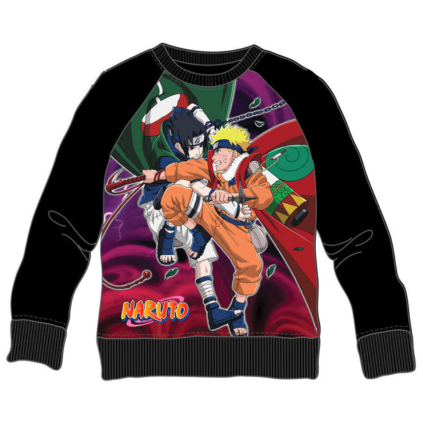 Sweat enfant avec illustration du combat entre Naruto et Sasuke, design exclusif PIERROT, confortable et stylé.