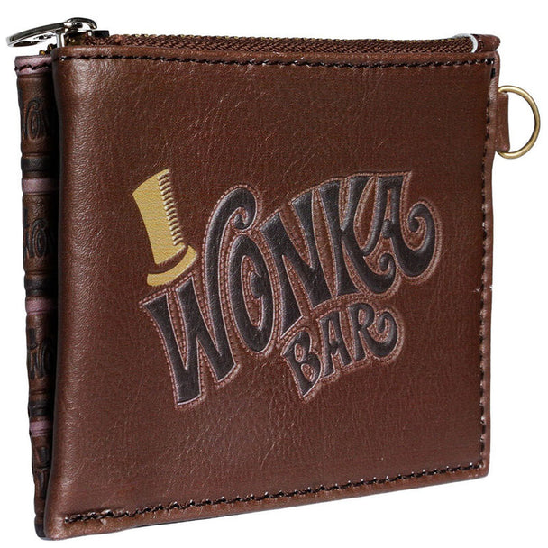 Gros plan sur la fermeture éclair et la texture du porte-monnaie Wonka Bar inspiré du film Charlie et la Chocolaterie