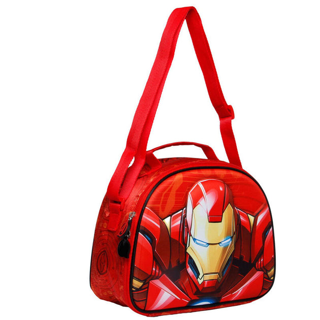 Vue latérale du sac à déjeuner Marvel Iron Man avec bandoulière réglable et fermeture éclair