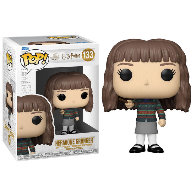 Figurine Funko POP Hermione Granger avec baguette magique, édition anniversaire Harry Potter, vue de face dans sa boîte cadeau transparente.