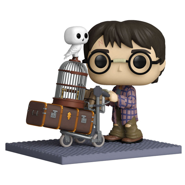 Vue rapprochée de la figurine Funko POP Harry Potter avec chariot, détaillant les couleurs et le design fidèle au personnage