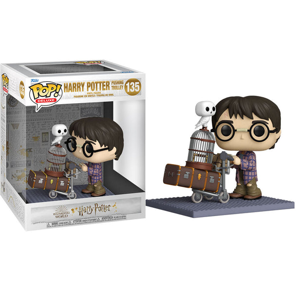 Figurine Funko POP Harry Potter anniversaire de 9 cm montrant Harry poussant un chariot en vinyle dans une boîte vitrine