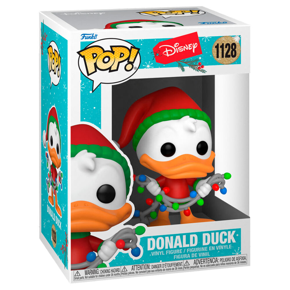 Boîte d'emballage Funko POP Disney Holiday avec figurine Donald Duck visible à travers la fenêtre plastique