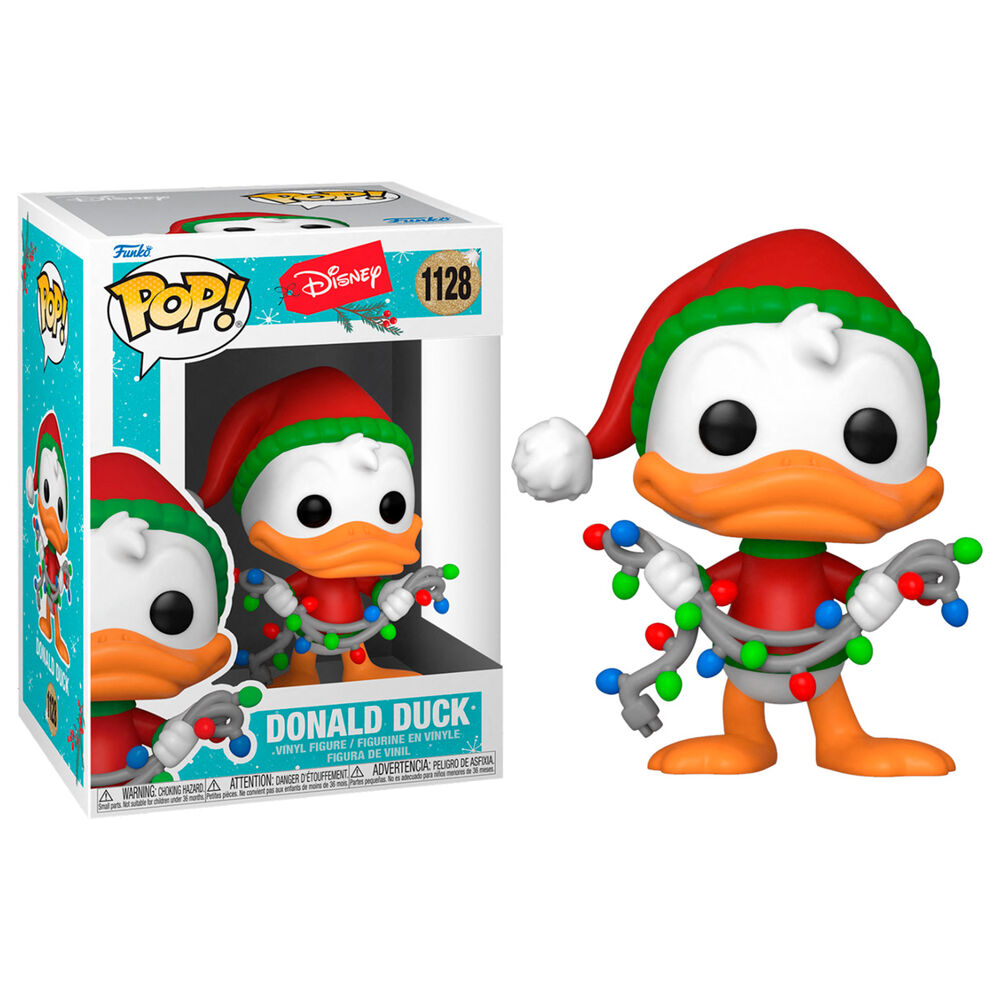 Figurine Funko POP Disney Donald Duck de 9 cm dans sa boîte vitrine transparente avec décor festif