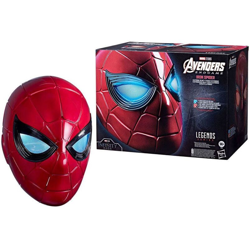 Vue frontale du casque Iron Spider Marvel Legends avec éclairage activé