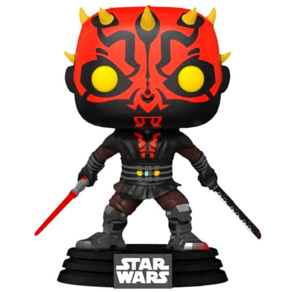 Vue rapprochée de la figurine Funko POP Darth Maul exclusive avec son sabre rouge, présentée dans une boîte fenêtre de collection