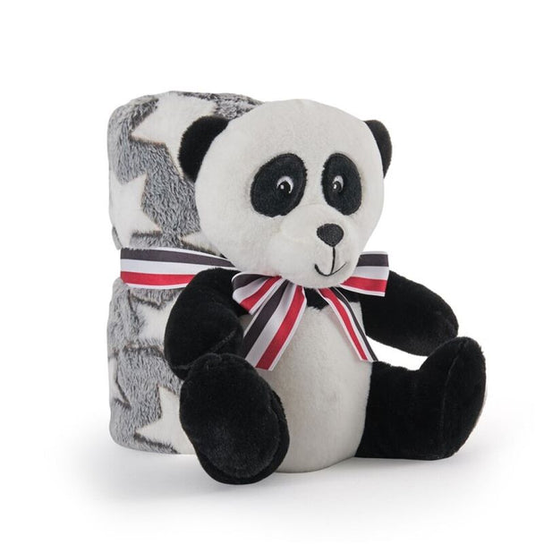 Peluche panda PERLETTI de 22 cm posée sur la couverture douce blanche et grise