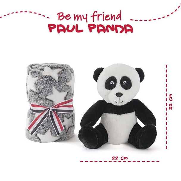 Couverture panda PERLETTI déployée montrant sa taille de 120x80 cm avec peluche assortie