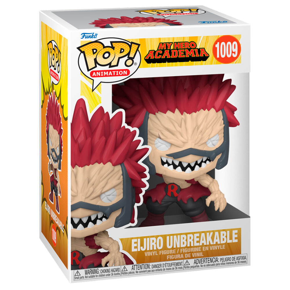 Boîte fenêtre de la figurine Funko POP Eijiro Unbreakable montrant le packaging original et le logo My Hero Academia