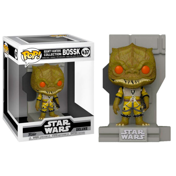 Figurine POP FUNKO exclusive de Bossk, le chasseur de primes Star Wars, vue de face avec détails précis et couleurs vives.
