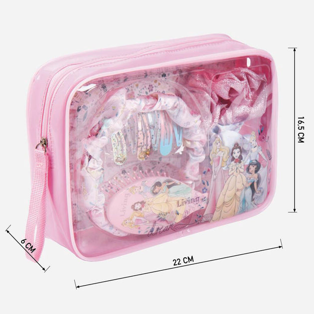 Intérieur du vanity case avec compartiments pour ranger accessoires cheveux Disney