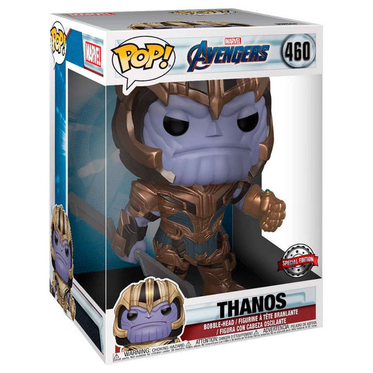 Zoom sur les détails de la figurine Thanos Funko POP avec son gant de l'infini coloré