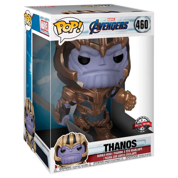 Zoom sur les détails de la figurine Thanos Funko POP avec son gant de l'infini coloré