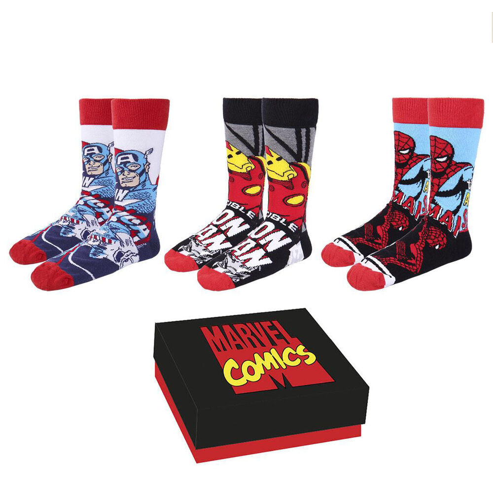 Pack de 3 paires de chaussettes Marvel CERDÁ en taille 36-41, vue d'ensemble des motifs colorés