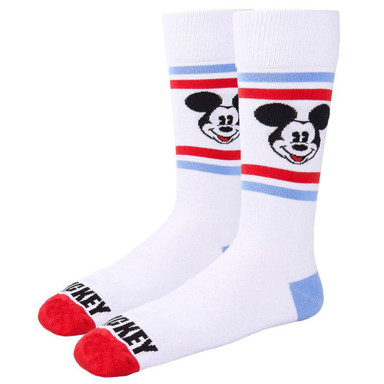 Vue rapprochée d’une chaussette Disney Mickey montrant les couleurs vives et la composition en coton et élasthanne