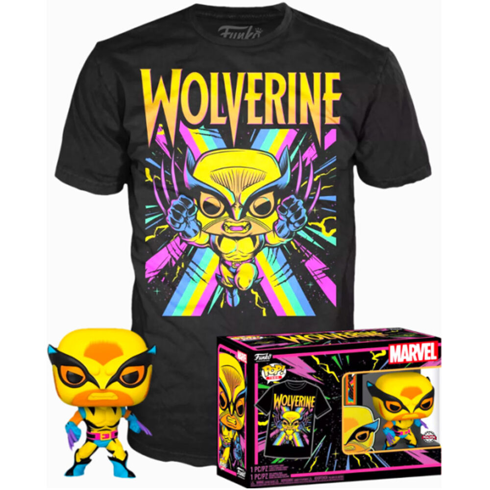 Set Marvel Wolverine Black Light Funko comprenant une figurine POP et un t-shirt édition spéciale en taille américaine.