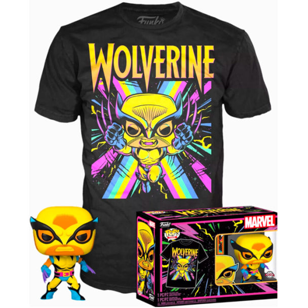 Set Marvel Wolverine Black Light Funko comprenant une figurine POP et un t-shirt édition spéciale en taille américaine.